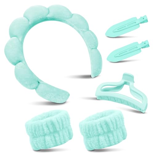 Spa Headband For Washing Face with Hair Clips Wristbands 6PK for Women Girls, Soft-Puffy Velvet Makeup Headbands for Makeup, Skincare (Green)
