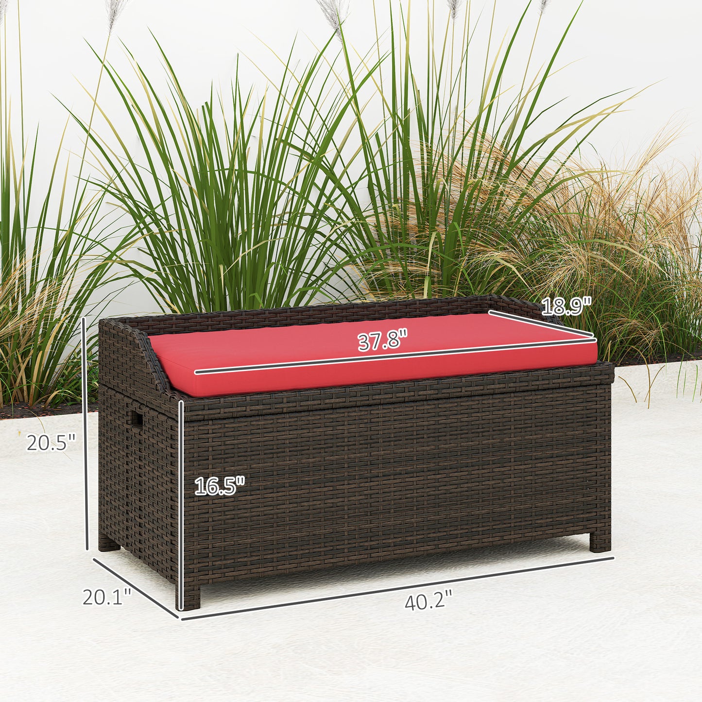 Outdoor Storage Bench with Cushion - Red Wicker Design