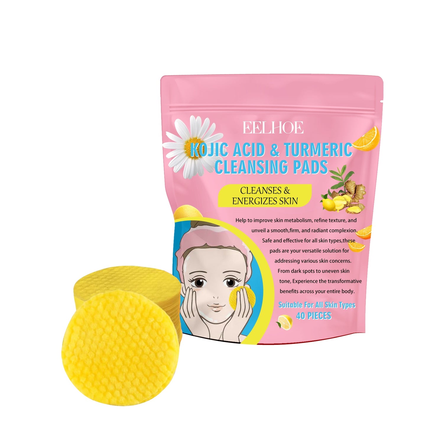 Kojic Acid Turmeric Facial Cleansing Pads Set for Skin Brightening & Acne Care