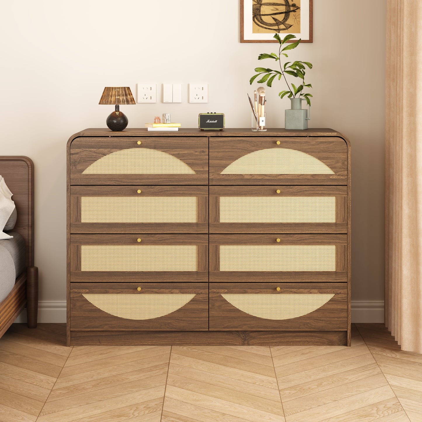 Walnut 8-Drawer Dresser with Rattan Front - Modern Storage Cabinet