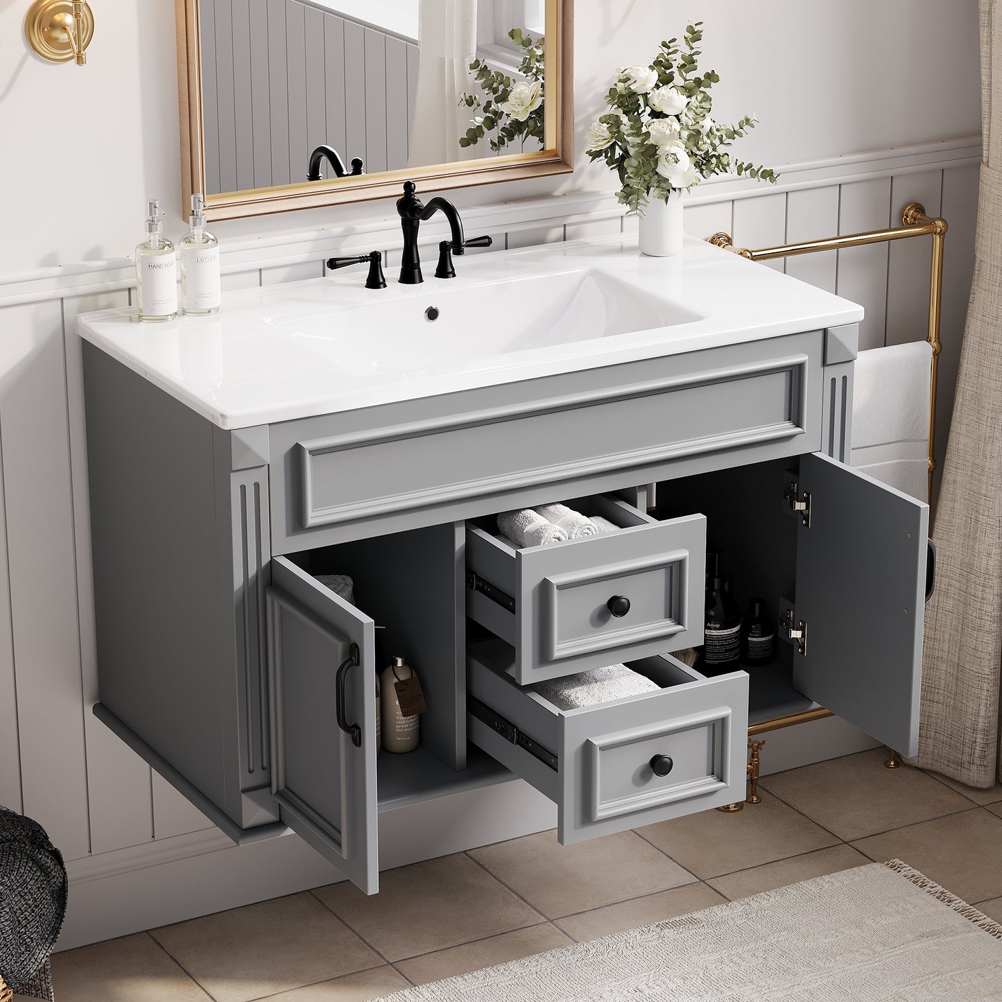 36-Inch Wall-Mounted Bathroom Vanity with Ceramic Sink - Gray