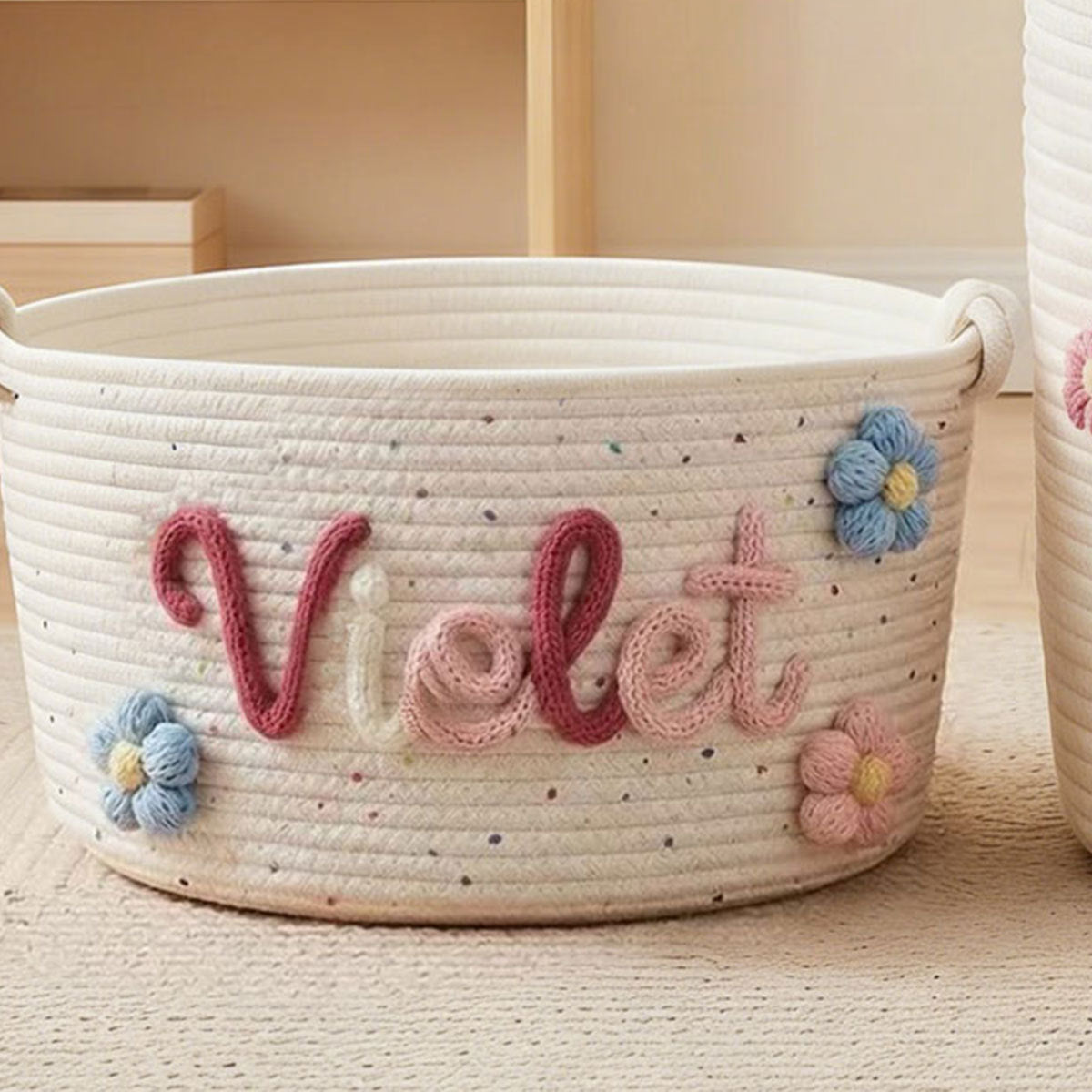 Letter Embroidery Style Cotton Rope Storage Basket - Home Organization