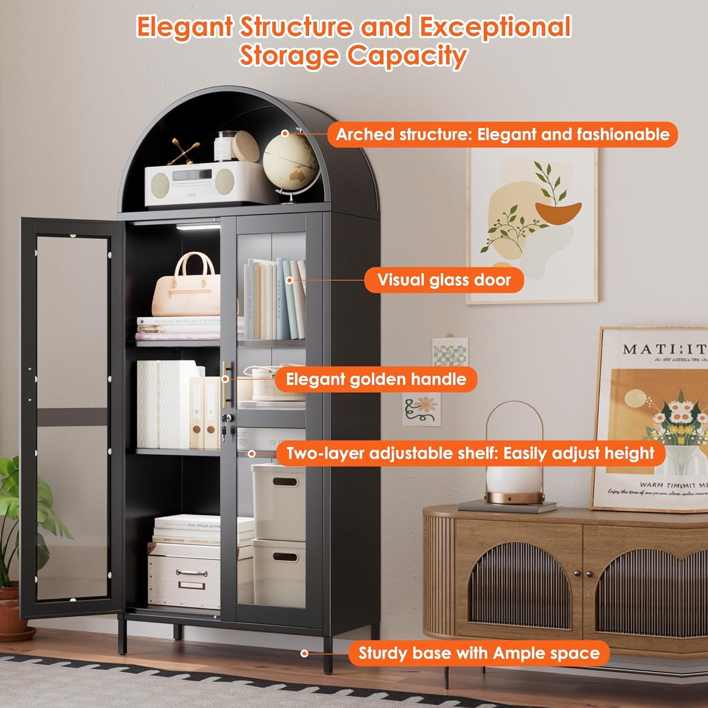 Arched Glass Door Storage Cabinet with LED Lights - Black