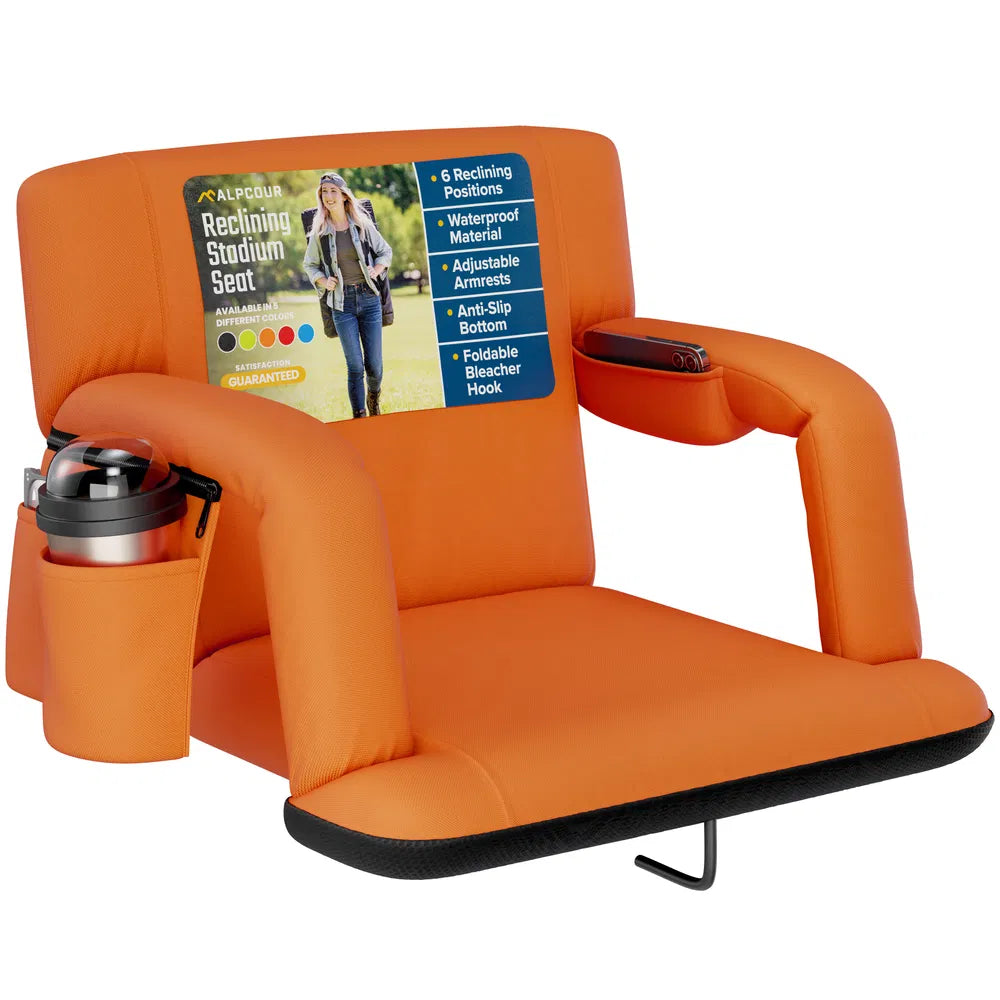 Reclining Stadium Seat - Waterproof Foldable Camping Chair with Armrests & Adjustable Positions