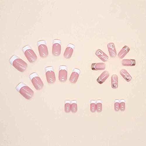 French Tip Press on Nails Medium LOVE Fake Nails Square Bling Glossy White False Nail Tips Artificial Finger Manicure for Women and Girls,24pcs