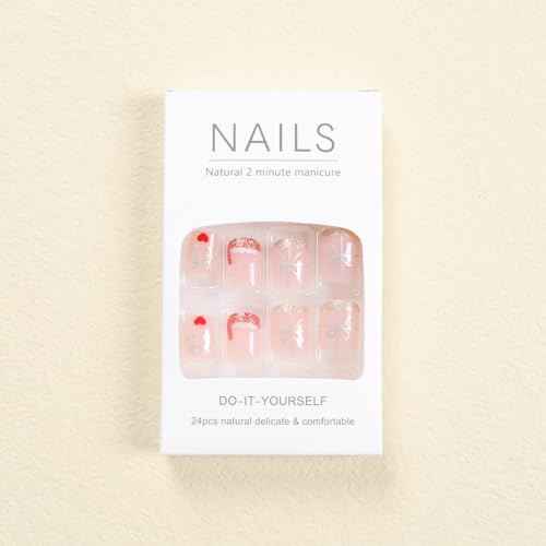 24 Pcs Christmas Press on Nails Short Square - YEFIUO Cute Pink Fake Nails Press ons Winter Xmas Gold Glitter French Nail Art Tip Full Cover Acrylic False Nails Glue on Nails Kit with Design for Women