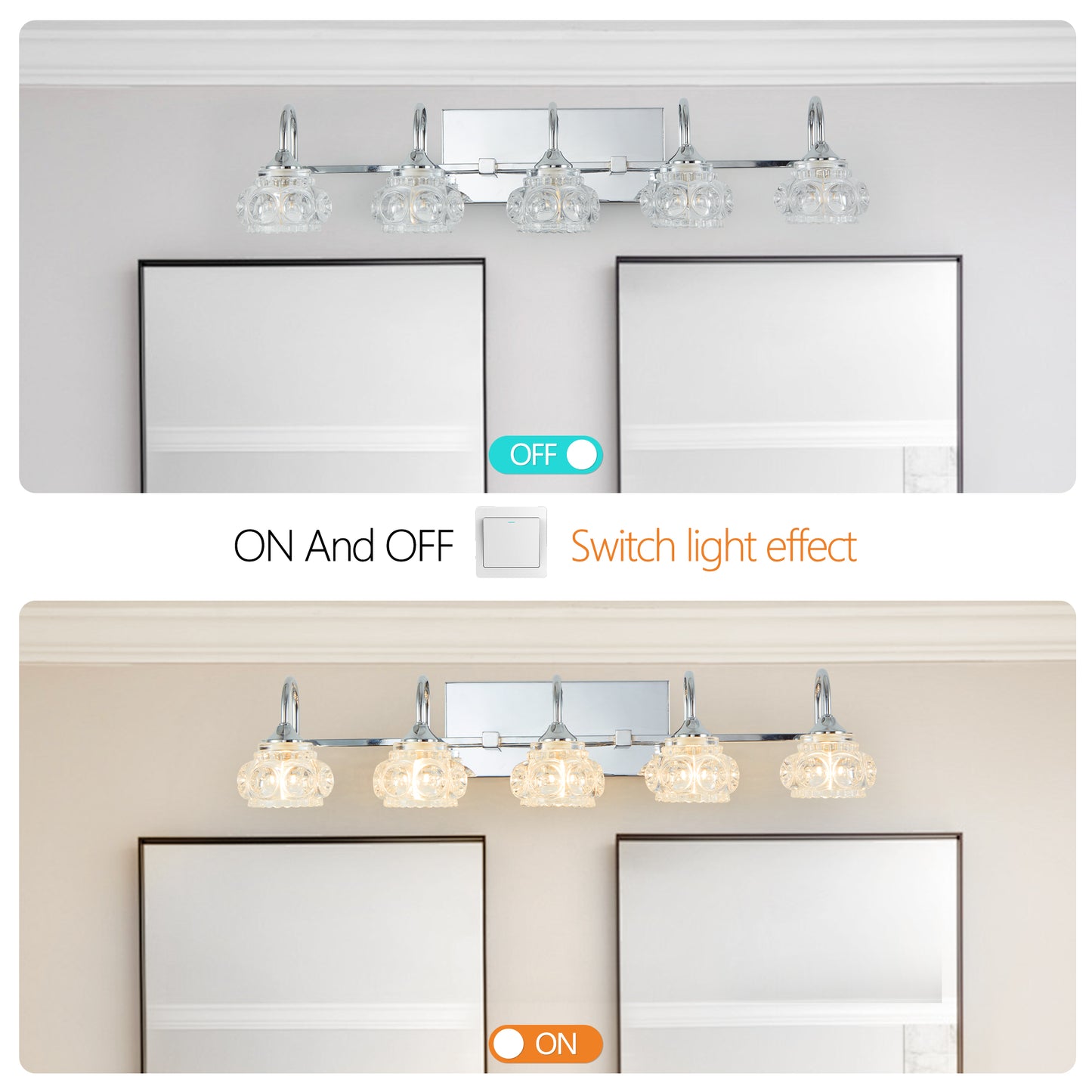 Nickel Finish Vintage Crystal Vanity Light - 5-Light Bathroom Fixture with Glass Shades