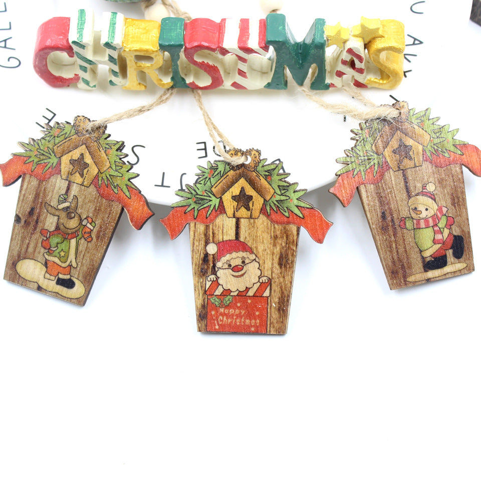 Wooden House Shape Santa Elk Christmas Pendant Set - Festive Decor