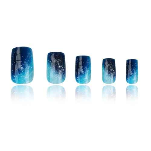 Medium Square Nails Press Ons Blue Press on Nails Blue Marble Designs False Nails Full Cover Artificial Acrylic Nails 24pcs-Deep Ocean Waves