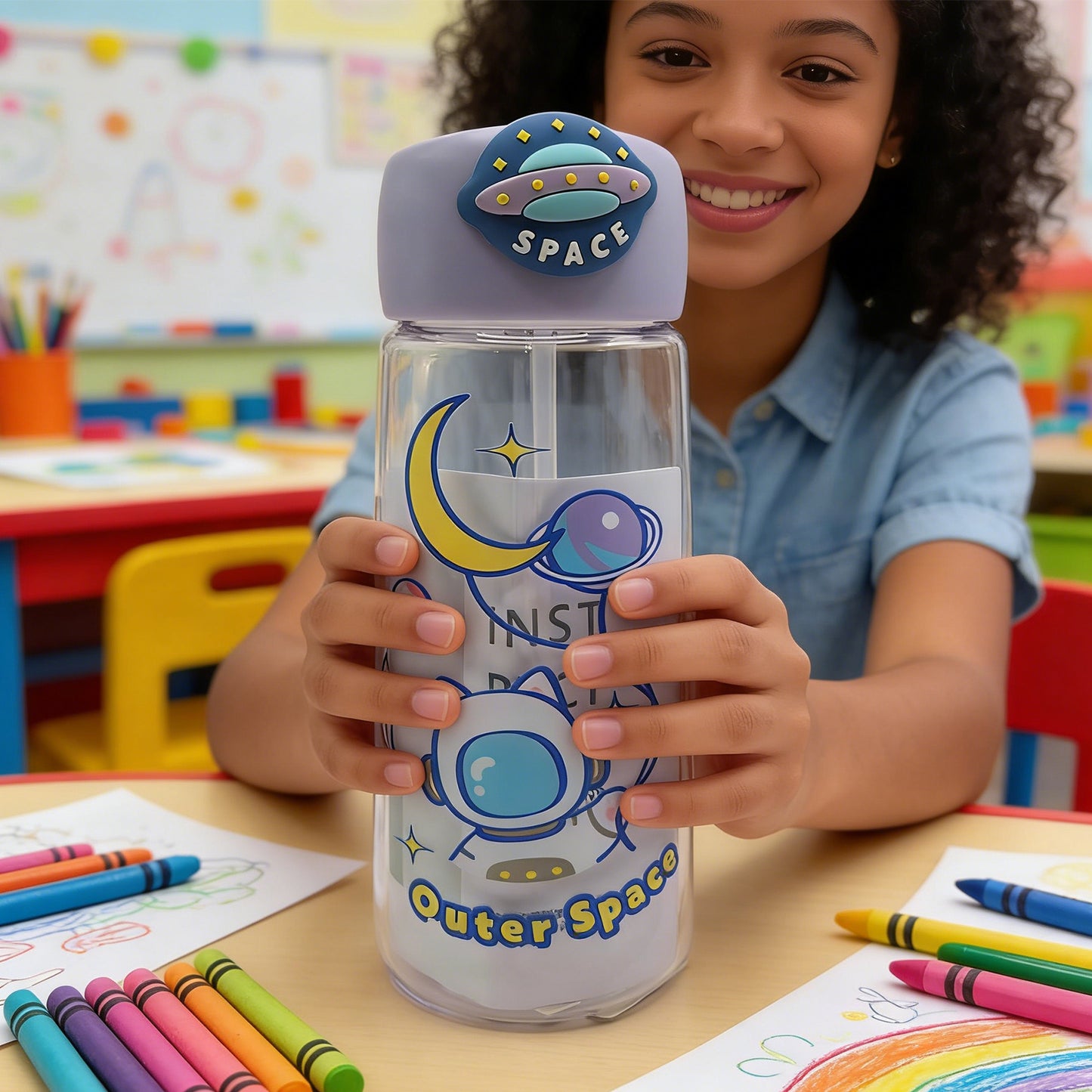 Astronaut Cat Plastic Water Bottle - 400ml Purple