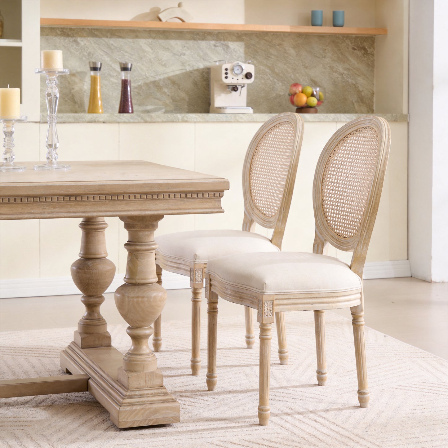French Country Dining Chairs Set of 2 - Upholstered Rattan Back