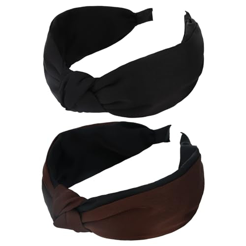 CURASA Headbands For Women Girls 2PCS Comfortable Knotted Head Bands Non Slip Wide Fabric Hairbands Black Brown Cute Top Knot Bow Hairband Elegant Stylish Hair Accessories Fashion Vintage Hair Hoops