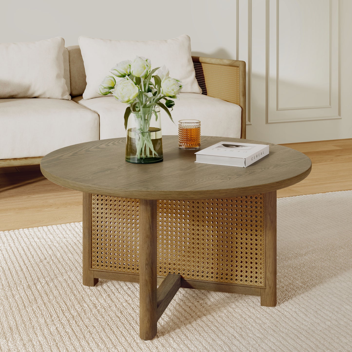 32 Rattan Coffee Table, Round Woven Wood Table
