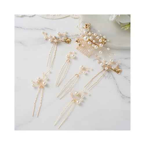 SWEETV Bridal Wedding Hair Accessories Set of 7, Pearl Wedding Hair Comb Rhinestone HairPins Leaf HairPieces Elegant Bridal Headpieces Accessories for Brides Bridesmaids Women Girls