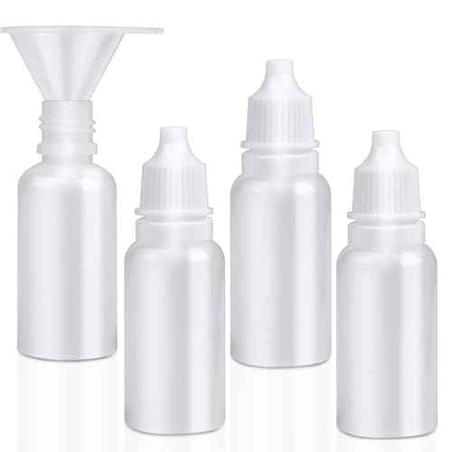 5-Pack Plastic Dropper Bottles 15ml/0.5oz - 4 Bottles + 1 Funnel - Empty, White Eye Dropper Bottles for Liquid -Squeezable & Portable Travel Containers for Eye Drops, Refillable with Cap and Plug