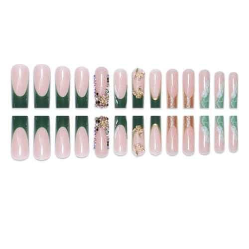 Square Press on Nails Long Fake Nails Green French Tip False Nails with 3D Butterfly Rhinestones Design Nude Pink Artificial Acrylic Nails Full Cover Glossy Spring Stick on Nails for Women Girls 24Pcs