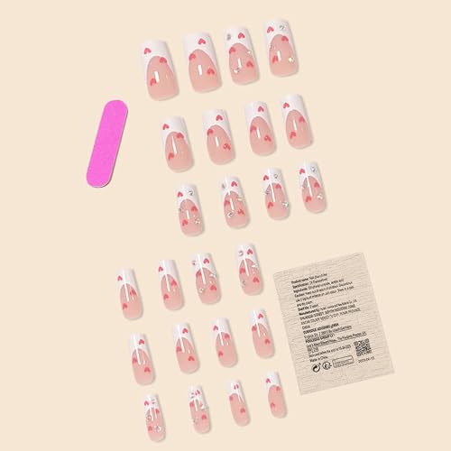 Valentines Long Press on Nails White French Tip Long Fake Nails Coffin Square White False Nails with Red Heart Deign Acrylic Nails Press on Artificial Nails Stick on Nails For Women-24Pcs