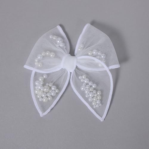 White Pearl Fable Hair Bow Clips for Flower Girls Wedding 4" Mesh Tulle Ribbon Shaker Bow Alligator Hairpins Toddlers Kids Pageant 1st Communion Party Dress Decor Accessory Gift