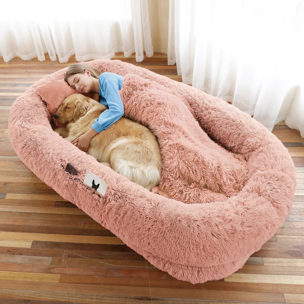 Large Human Dog Bed with Faux Fur Cover, Orthopedic Napping Pillow & Blanket