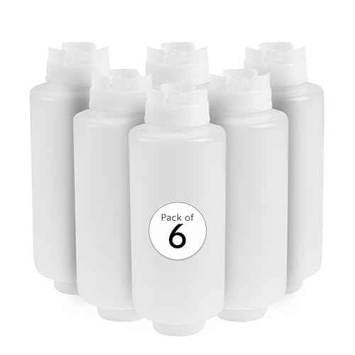 Restaurantware First In First Out 32 Ounce Condiment Squeeze Bottle 6 Refillable Lid FIFO Squeeze Bottle - Precision Dispensing Tip Flexible Clear Plastic Squeeze Bottle For Sauces