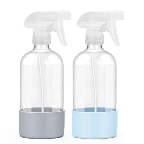 2 Pack Glass Spray Bottles with Silicone Sleeve, 16 oz Empty Refillable Containers with Adjustable Spray Nozzles, Spray Bottles for Hair, Cleaning Solutions and Plants Blue&Grey