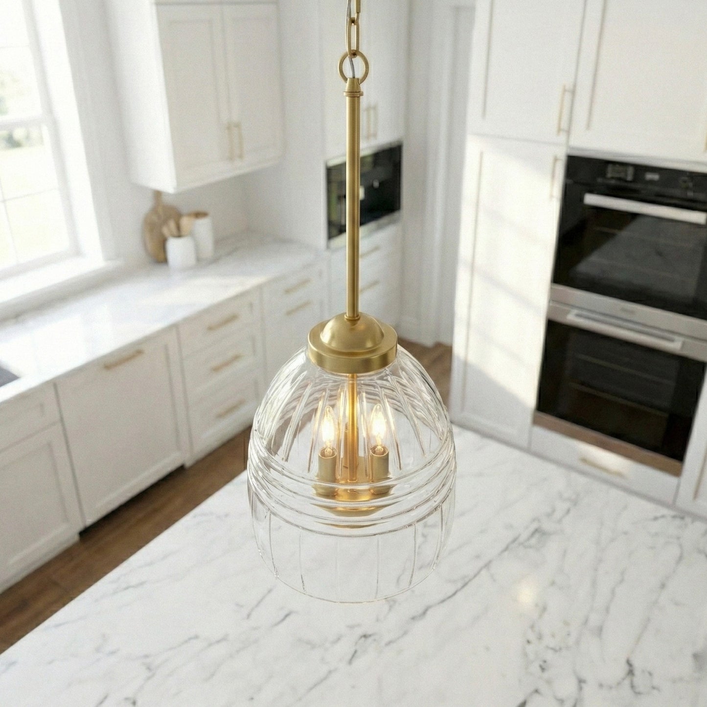 Ember Three Candle Lights Chain Pendant With Clear Glass - Satin Brass