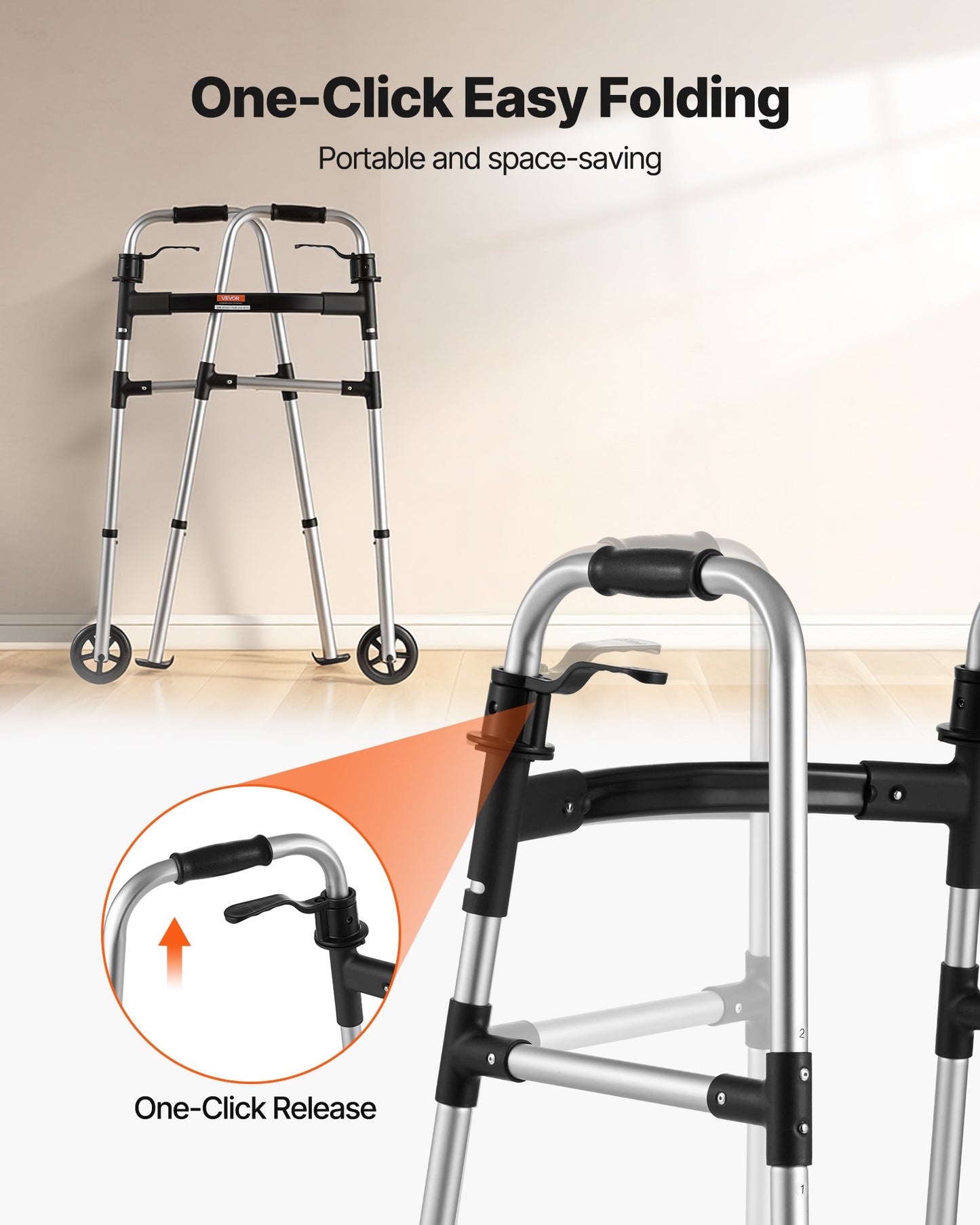 Foldable Walker with 8-Position Height Adjustment and 5-Inch Wheels - Lightweight Aluminum Support for Seniors & Adults