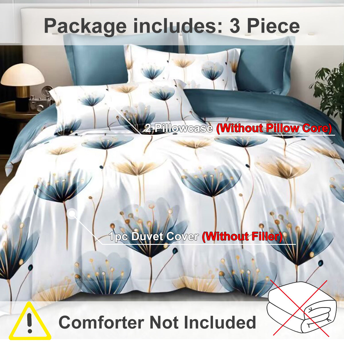3-Piece Blue and White Floral Duvet Cover Set - Multiple Sizes