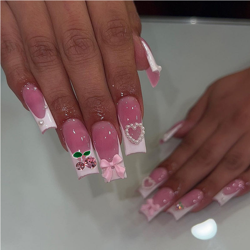 24-Piece Cherry Bow Press-On Nails - Long Square Tip False Nails