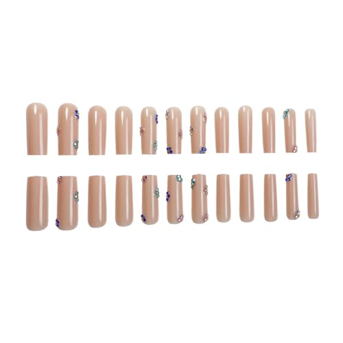 SINHOT Square Press on Nails Long - Colorful Rhinestones Flowers Fake Nails Glossy Glue on Nails Nude Natural Acrylic Nail Squoval Artificial Nail Stick on False Nail with Design 24pcs