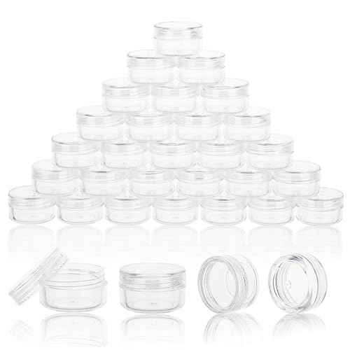 50 Count 3 Gram Sample Containers, Clear Lip Balm Containers with Lids, Small Plastic Sample Jars with 4 Mini Spoons, 50pcs Labels (Clear Lid)