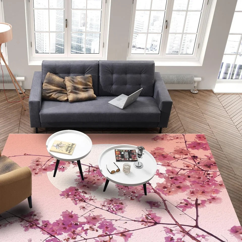 Pastel Cherry Blossom and Crescent Moon Non-Slip Flannel Floor Mat - Home Rug