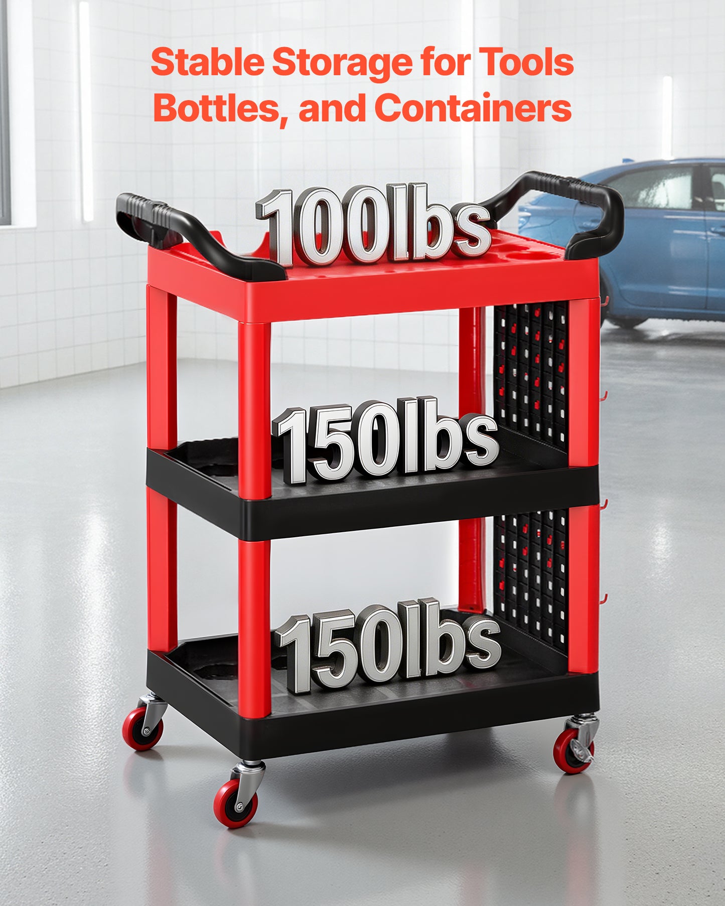 Heavy Duty Utility Cart with 3 Tiers and Swivel Wheels - 300 Lb Capacity