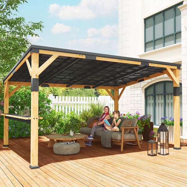 Outdoor Wooden Gazebo with Steel Hardtop - 14' x 10'