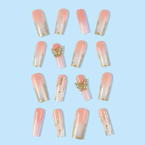 White French Tip Press On Nails Long Square Girls Fake Nails with 3D Butterfly and Gold Glitter Design, Acrylic Artificial False Nails Press Ons Stick On Nails for Women