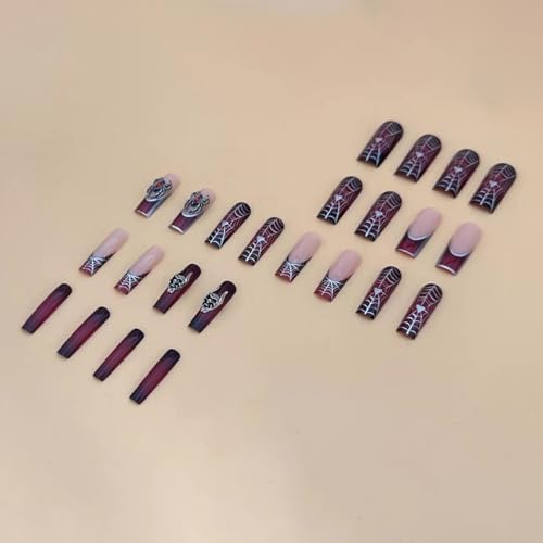 Halloween Square Press on Nails Long Wine Red Fake Nails with 3D Spider Skull Designs Glossy French Tip Glue on Nails Full Cover Halloween Stick on Nails Medium Artificial Nails for Women, 24Pcs