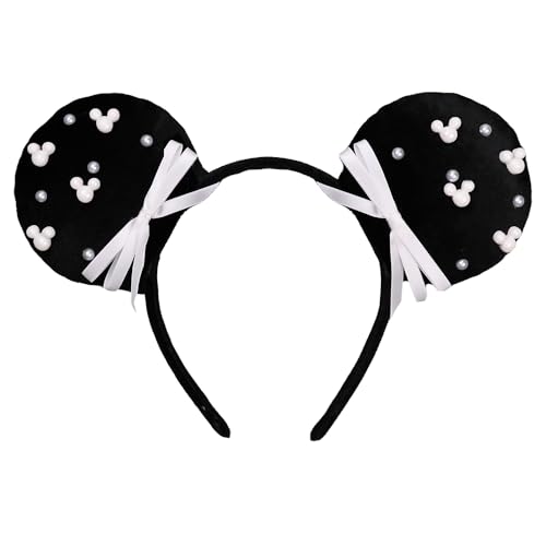 3D Black Mouse Ears Headband with Beads Pearls, Satin Bow Hairband Fashion Photogrphy Prop for Women Girls