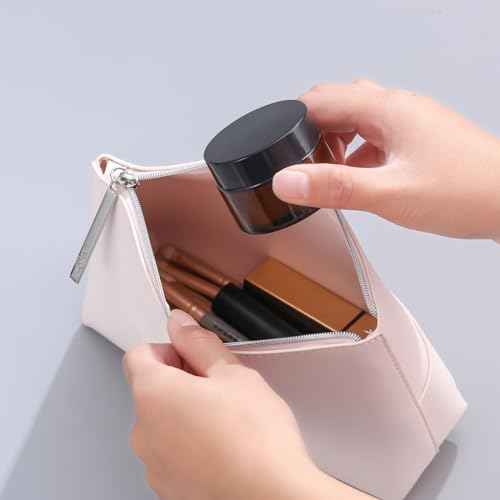 OverNews 2oz Amber Glass Jar Travel Size, 4PCS Empty Cosmetic Lotion Container with Black Lid & Spatula, Small Mini Jar for Beauty