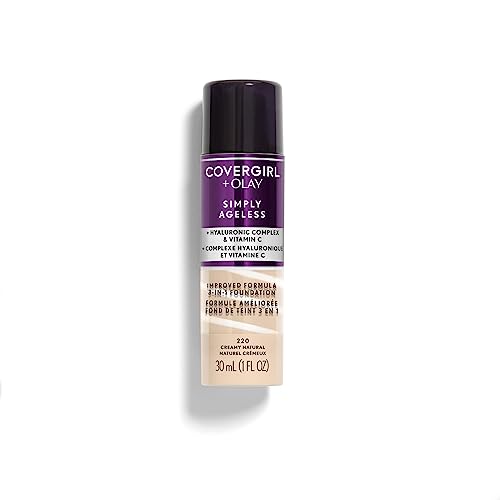 COVERGIRL & Olay Simply Ageless 3-in-1 Liquid Foundation, Matte Finish, Hyaluronic & Vitamin C Formula, 220 Creamy Natural, 1 Count