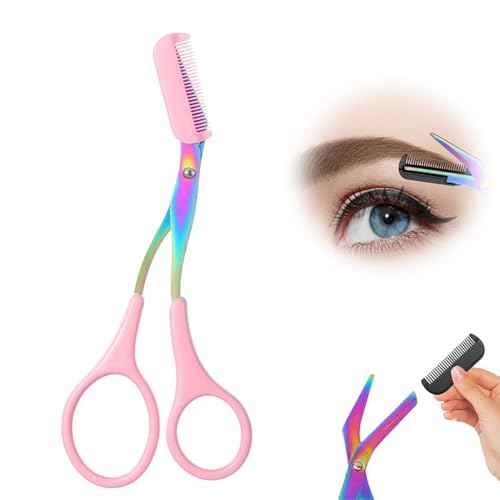 Eyebrow Trimmer Scissor, 2-in-1 Professional Eyebrow Scissors with Comb, Stainless Steel Precision Eyebrow Cutter Hair Removal Makeup Tool for Women and Men (Pink)