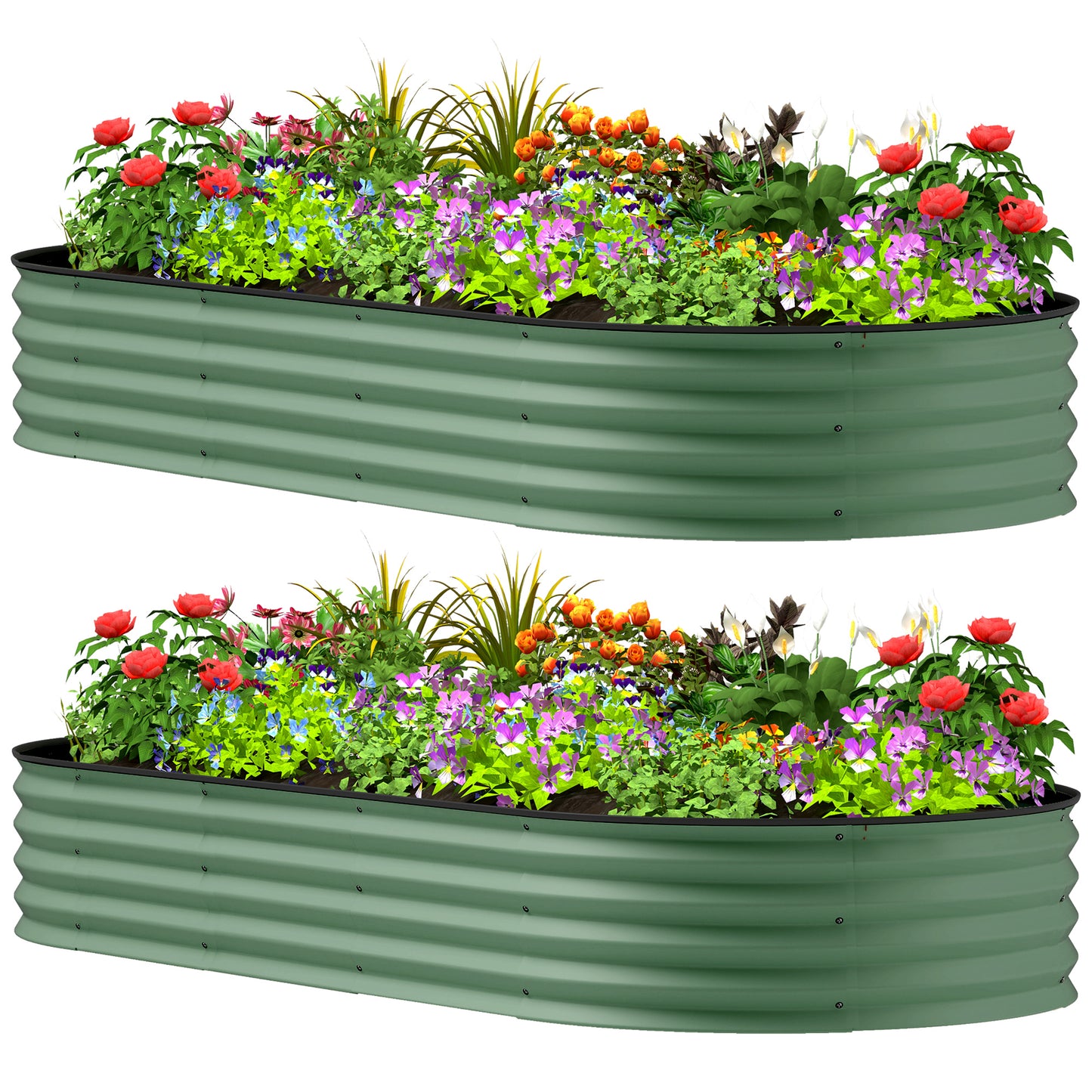 Raised Garden Bed Set with Metal Stakes - Green, 2-Pack, 575x375x140mm