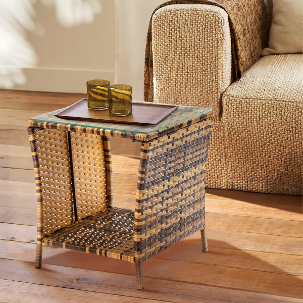 Glass Surface Yellow Gradient Rattan Side Table - Modern Home Decor