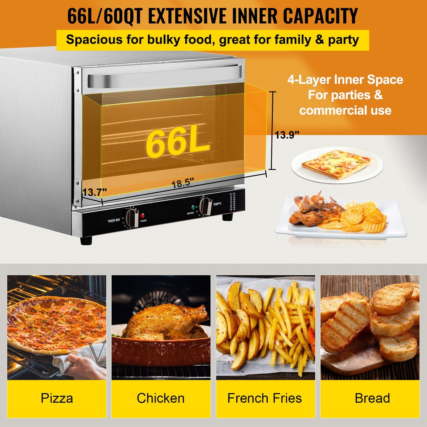 Commercial Convection Oven 66L Countertop Electric Baking Oven with Glass Door - Silver