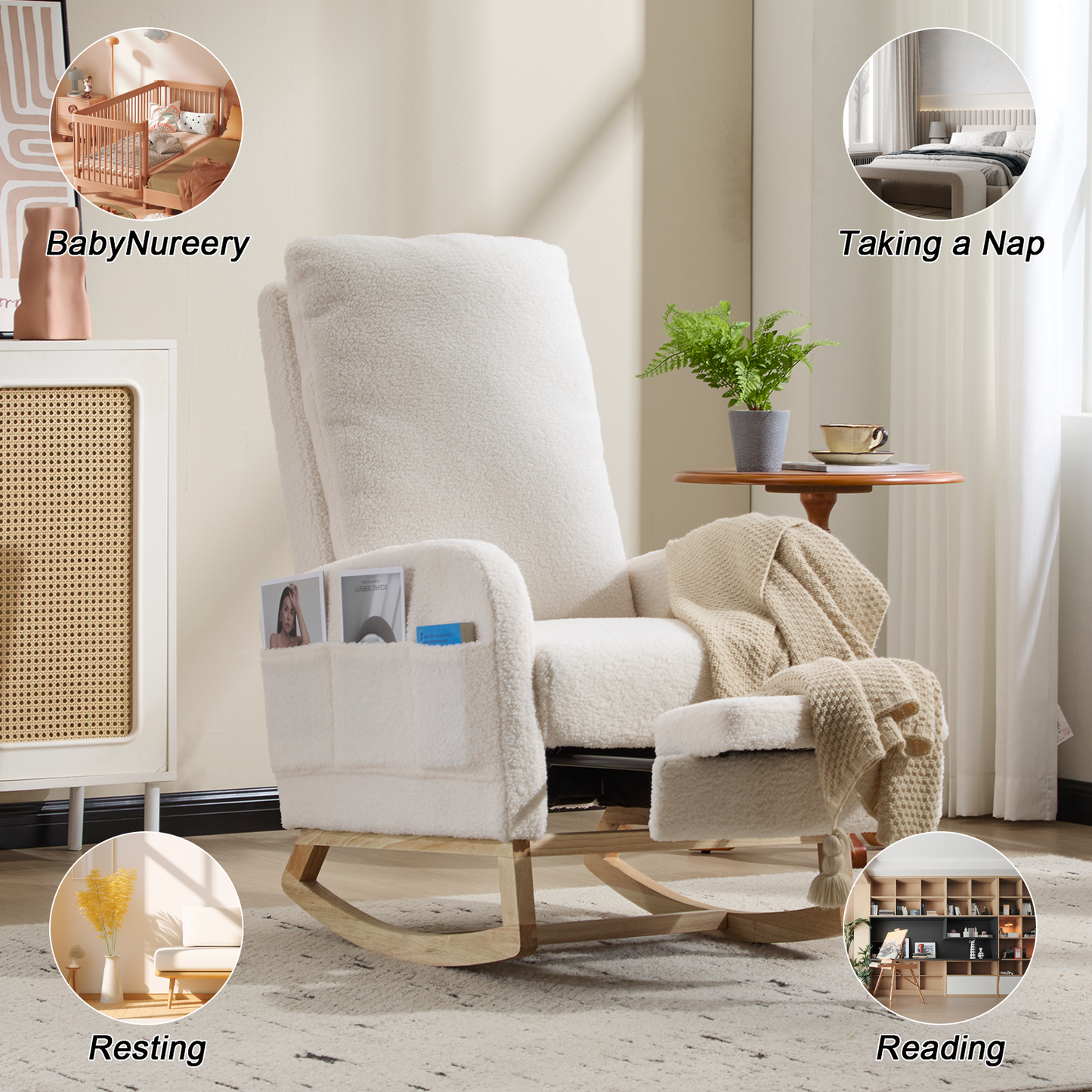 Upholstered Rocking Chair with Solid Wood Legs - White