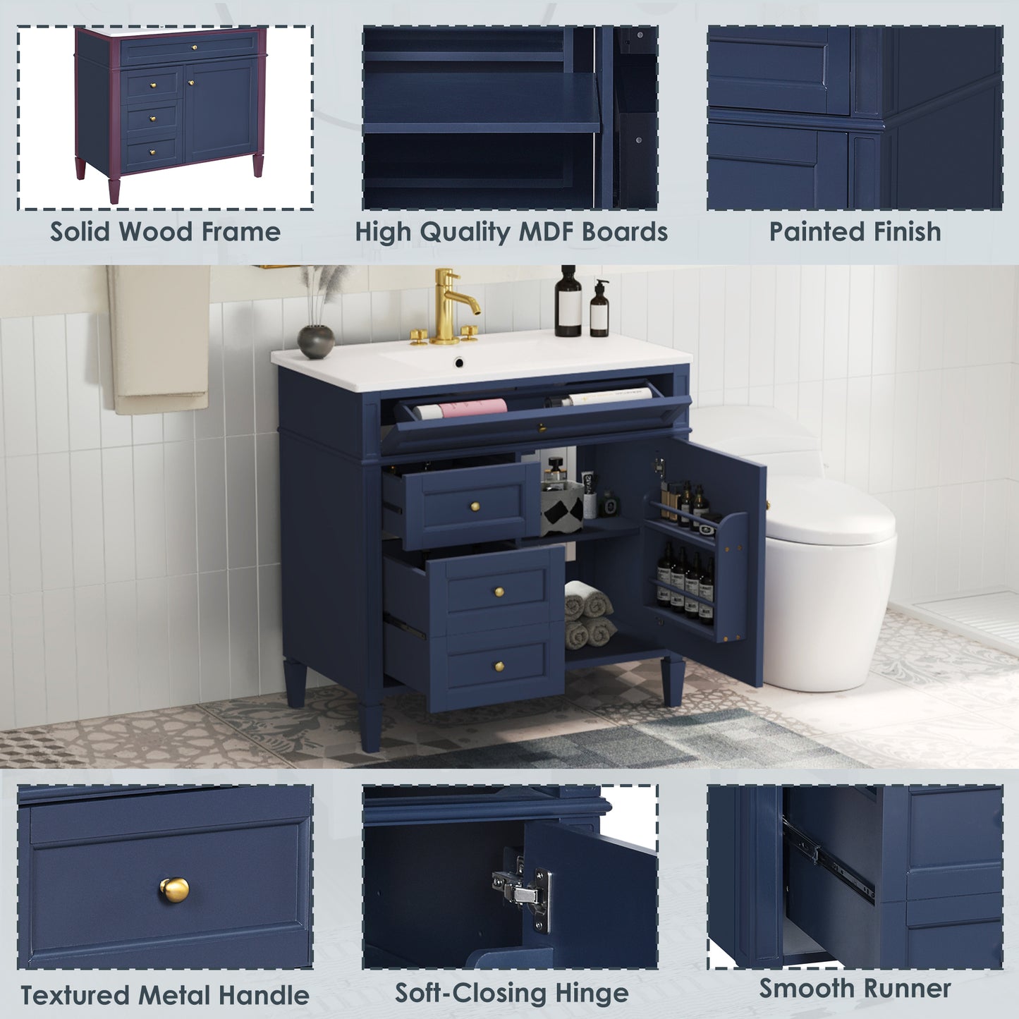 36'' Blue Bathroom Vanity with Ceramic Sink & 3 Drawers