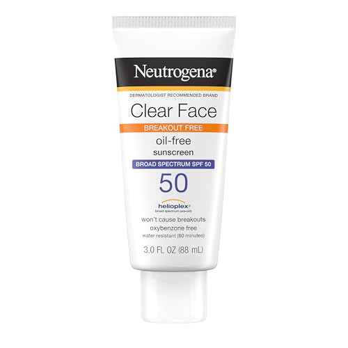 Neutrogena Clear Face Sunscreen Lotion for Acne-Prone Skin, Broad Spectrum SPF 50 Facial Sunscreen for Oily Skin, Oil-, Fragrance- & Oxybenzone-Free Water Resistant Sunscreen, 3 fl. oz
