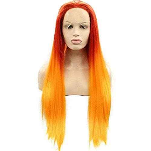 Orange Wig Ombre Lace Front Wigs Red Orange Long Silky Straight Free Part Handmade Pre Plucked Hairline Synthetic Heat Resistant Fiber Hair Wigs for Women Cosplay Daily 24 Inch
