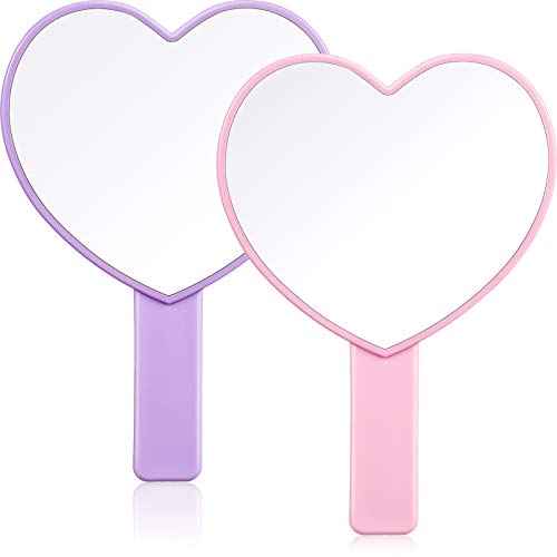 Jetec 2 Pieces Heart Shaped Handheld Cosmetic Mirrors Mini Travel Makeup Mirrors with Handle Small Heart Decorative for Women(Pink, Purple)