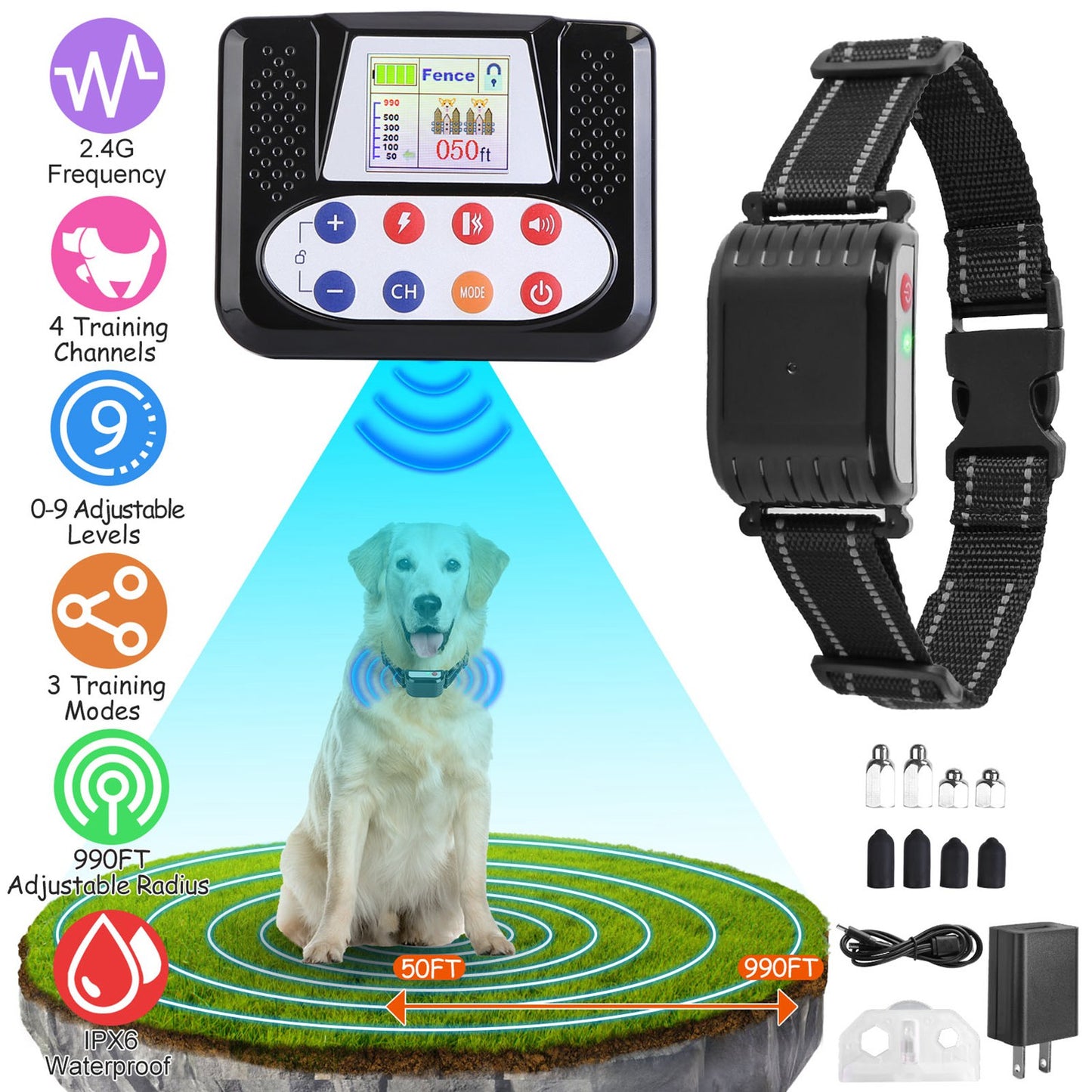 Wireless Dog Training Collar with 0-9 Levels, Beep Vibration Shock, Waterproof, 990Ft Range