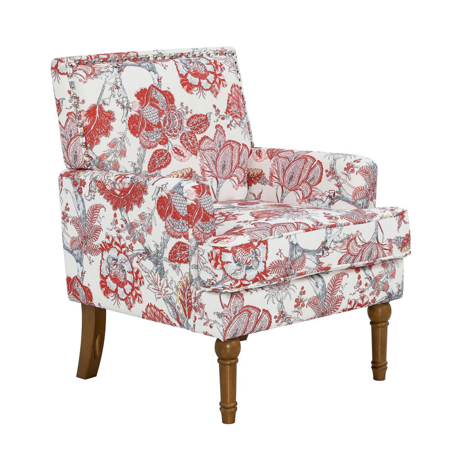 Floral Accent Chair with Nailhead Trim - Red Upholstered Slipper Chair